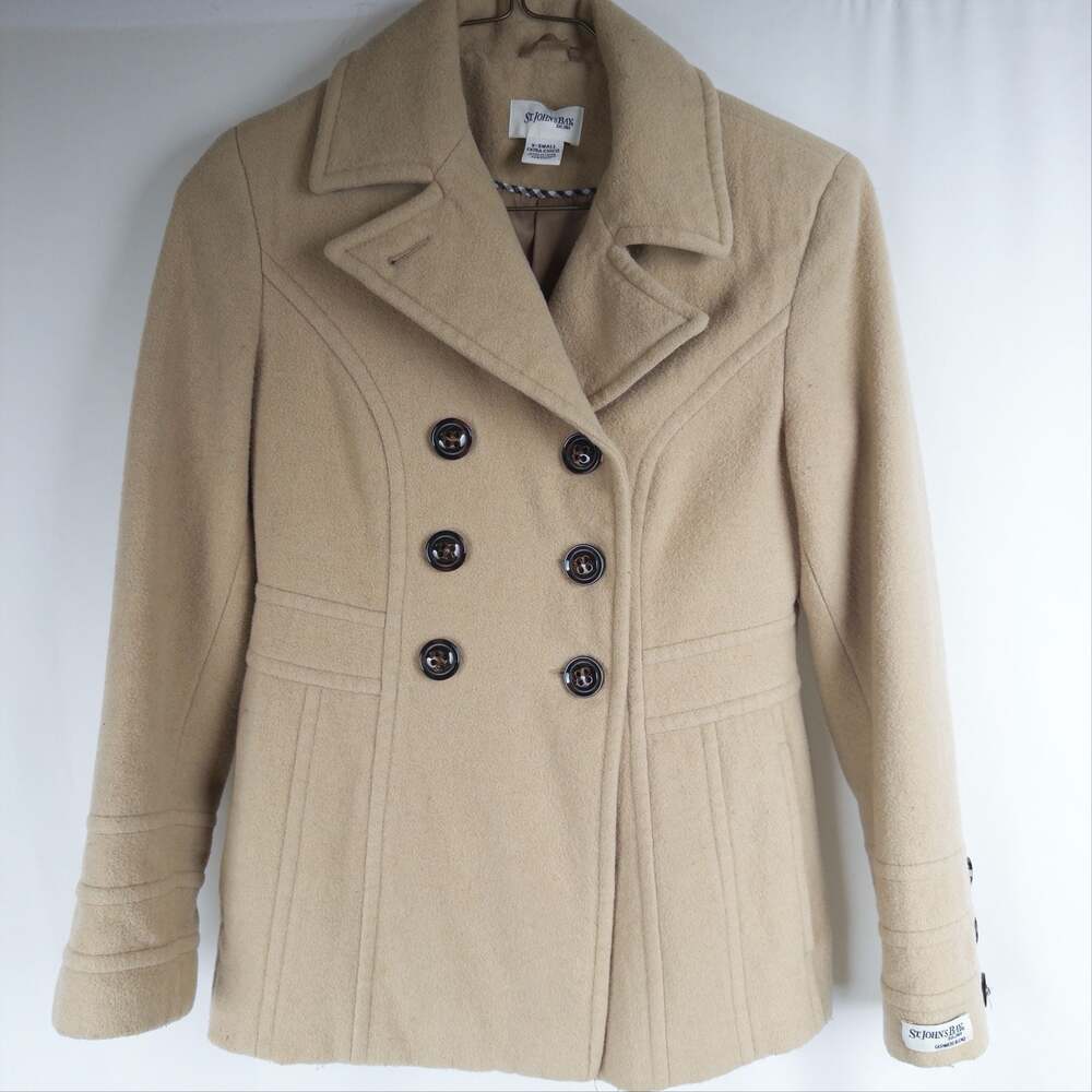St. John's Bay Women's Tan Cashmere Blend Double-Breasted Peacoat Size XS